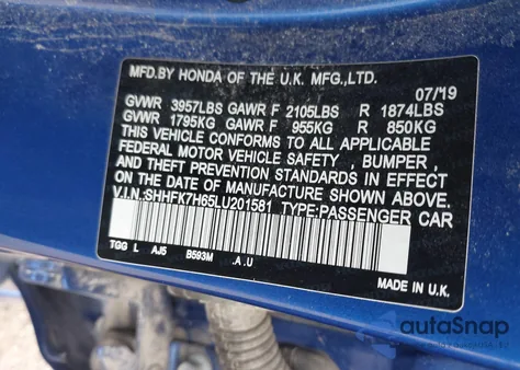 2020 Honda Civic Ex from USA, damaged, VIN SHHFK7H65LU201581